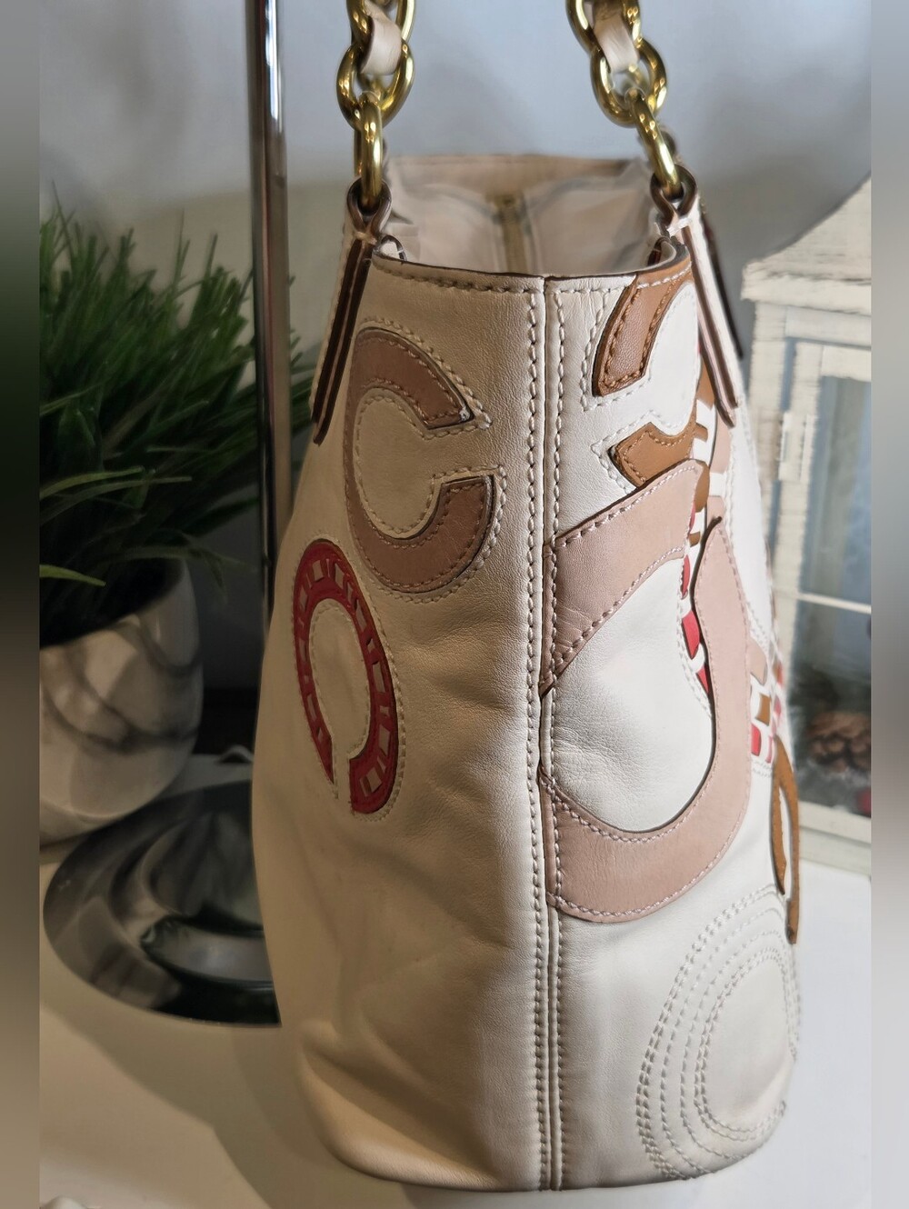 Coach Madison Op Art Whipstitch Leather Tote Bag Parchment White 22279 EUC - Picture 5 of 16